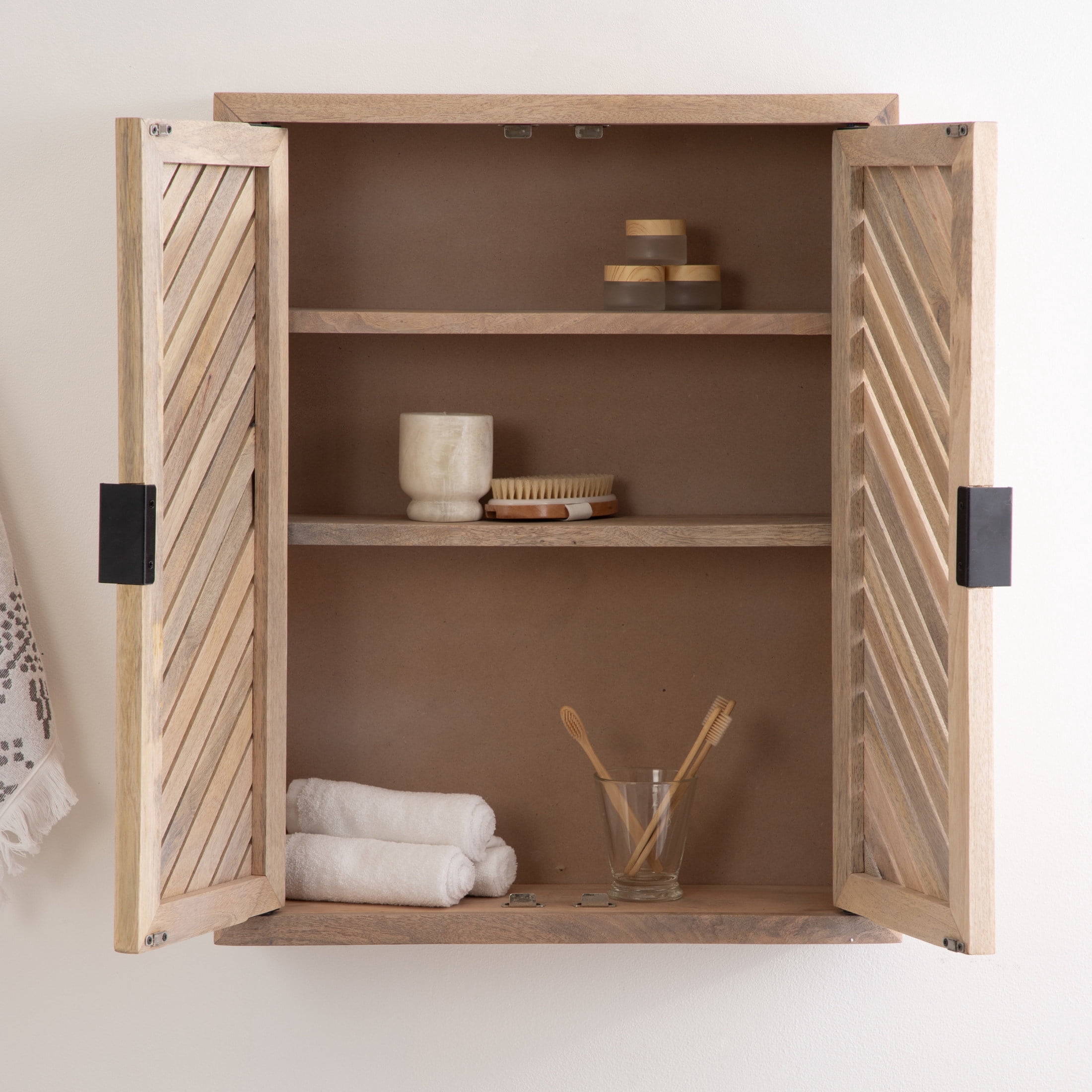 Kate and Laurel Mezzeta Decorative Modern Two-Door Floating Bathroom Cabinet, 22 x 7 x 28, Natural Wood, Decorative Solid Mango Wood Over the Toilet Storage Cabinet with Slatted Chevron Design