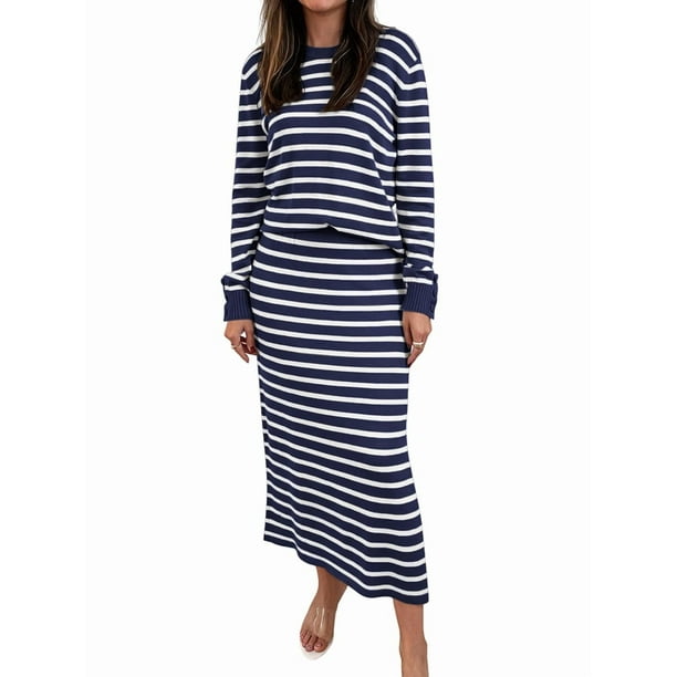 Conjuntos de 2 Piezas de Falda para Mujer, Moda de Otoño, Suéter A Rayas, Vestido Midi de Punto, Ropa de Salón, Viajes, Ropa de Invierno. Azul y L
