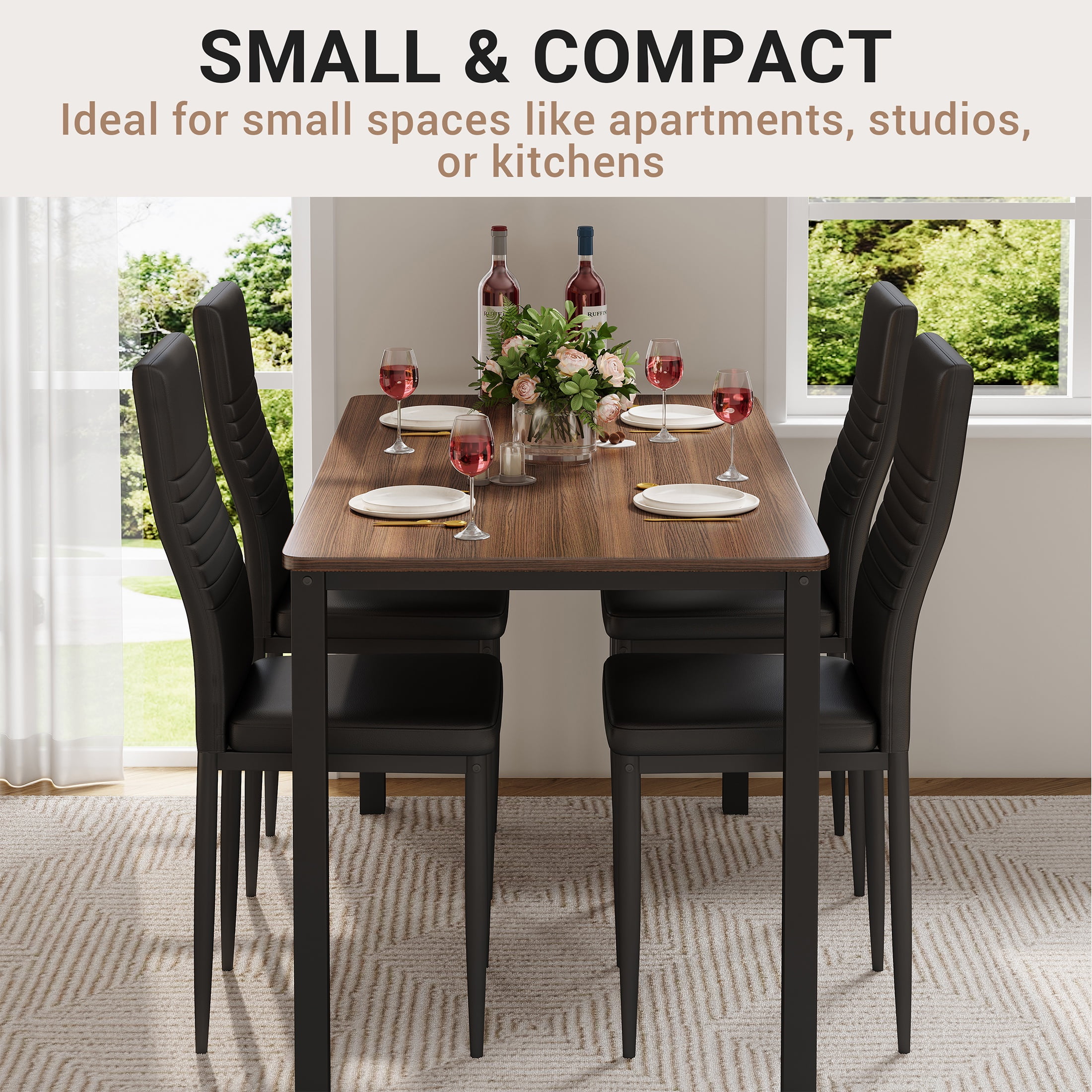 PORKISS 5 Piece Dining Set, Dining Table and Chairs Set for 4, Rectangle Kitchen Dining Table Set with 4 Upholstered Chairs, for Small Space, Breakfast Nook, Brown