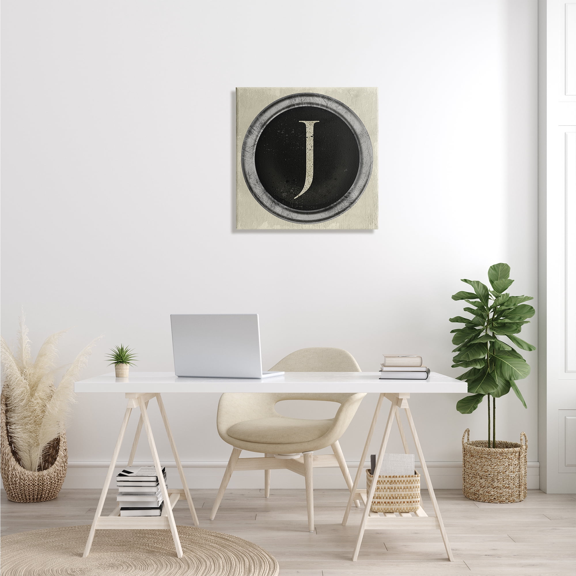 Stupell Industries Letter J Initial Vintage Shape Typewriter Key Typography Painting Gallery Wrapped Canvas Print Wall Art, 24 x 24