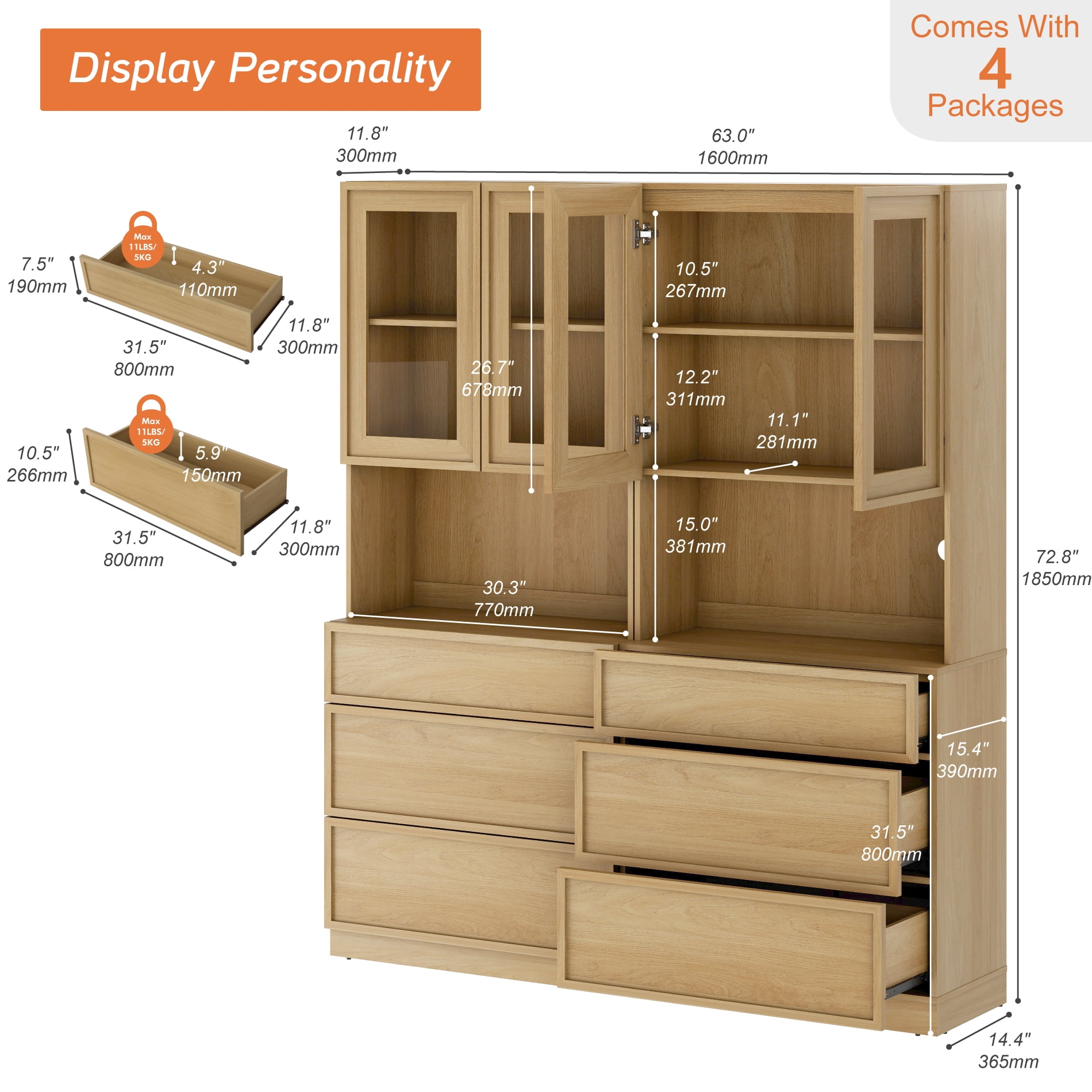 Modern 72" Tall Bookshelf with 6 Drawers and Book Shelves, Library Bookcase with Storage Cabinet and Glass Display Shelves,Oak