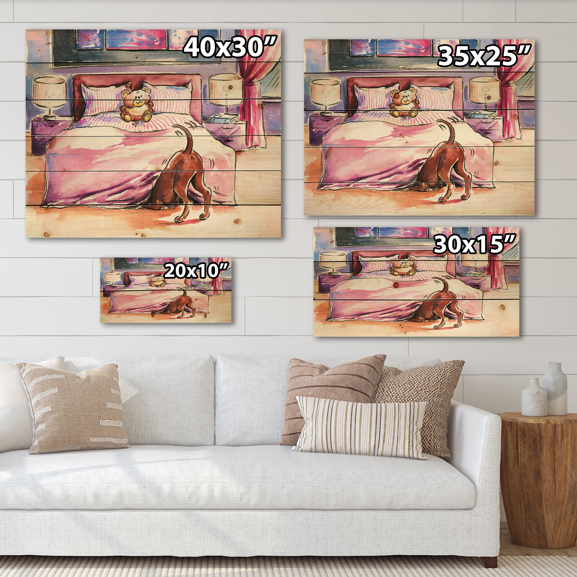 Designart 'Brown Dog Looking Under the Bed and Teddy Bear' Farmhouse Print on Natural Pine Wood