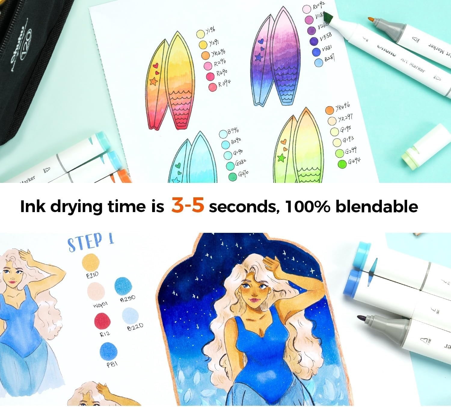 Ohuhu Double-Sided Marker Pad Art Sketchbook Bleedproof 7"x10" 90 lb/150 GSM Smooth Paper 60 Sheets/120 Pages Spiral Bound for Alcohol Markers