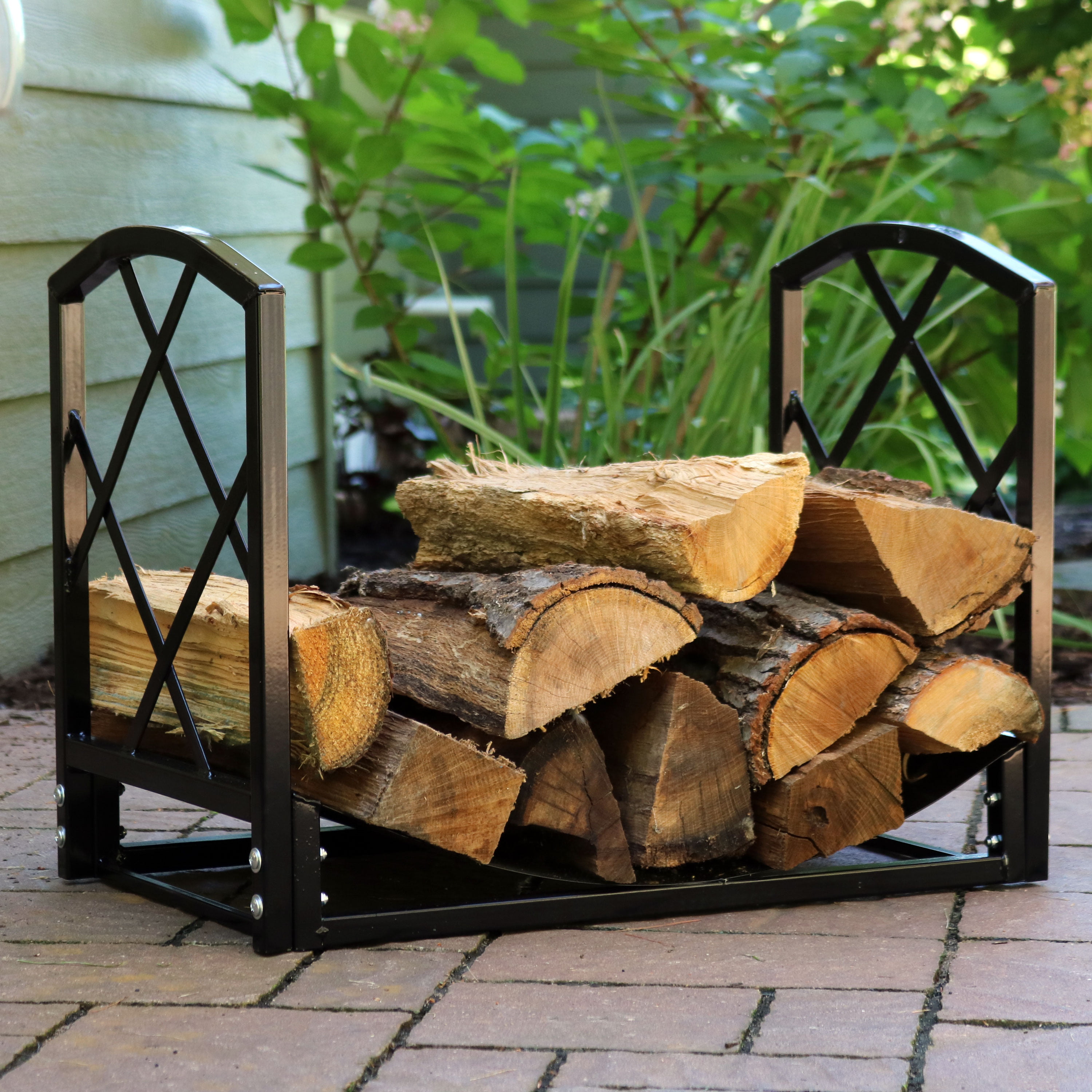 Sunnydaze Diamond Design 2-Foot Black Firewood Log Rack Heavy-Duty Wood Storage 