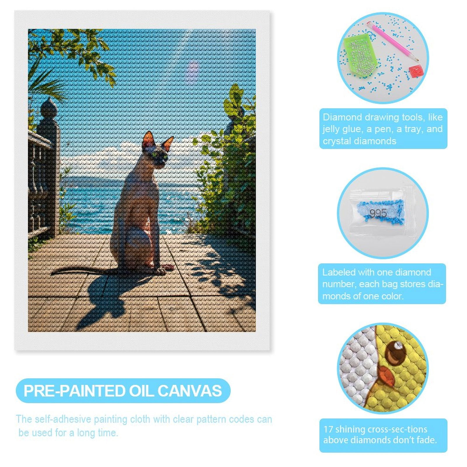 Diamond Art Kits for Adults, Cat Sunlit Deck Ocean View 5D Diamond Painting Kits for Adults Beginners, DIY Full Drill Diamond Painting, Gem Art and Crafts 12x16