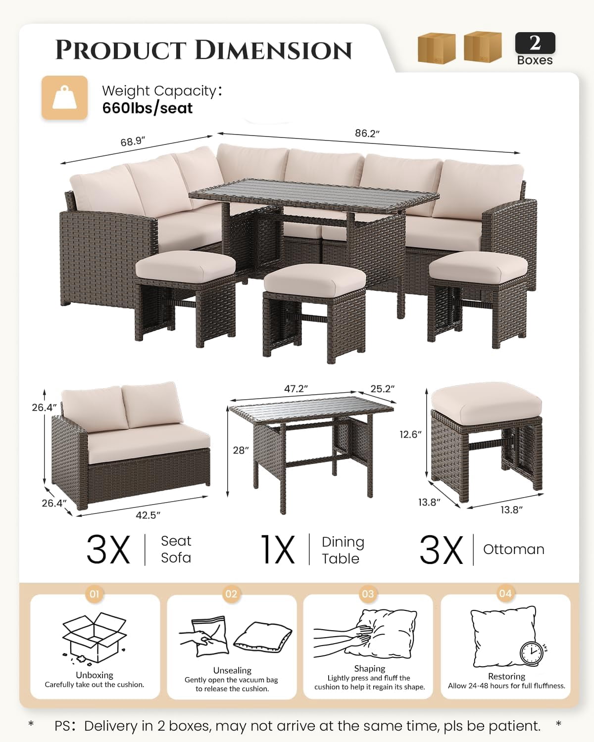 AECOJOY 7 Piece Patio Furniture Set PE Rattan Outdoor Dining Set Sectional Sofa Couch with Table Patio Conversation Set in Beige