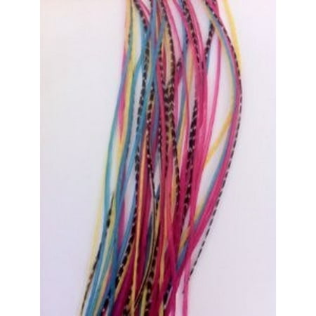 Yellow,pink,blue & Grizzly 7-10 Feathers for Hair Extension with 2 Silicone Micro Beads 5