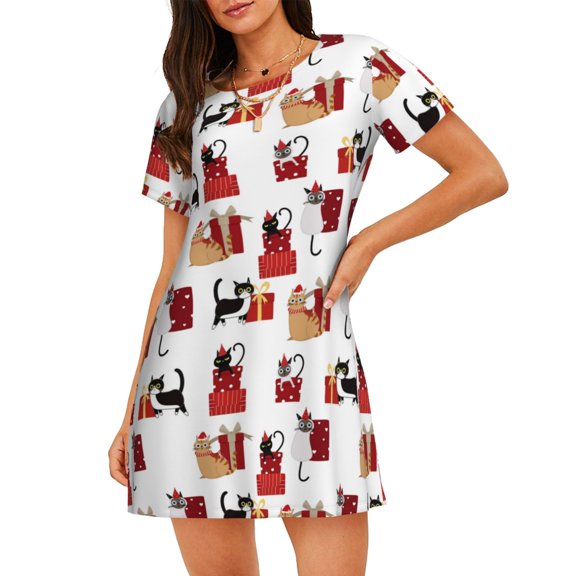 Fuzoiu Cute Cat And Christmas Gift Print Women Nightgowns, Soft Comfy Lightweight Short Sleeves Sleepwear,Crew Neck Loungewear