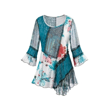 - Women's Mixed Pattern Tunic Top - 3/4 Bell Sleeves and Black Lace Trim Blouse