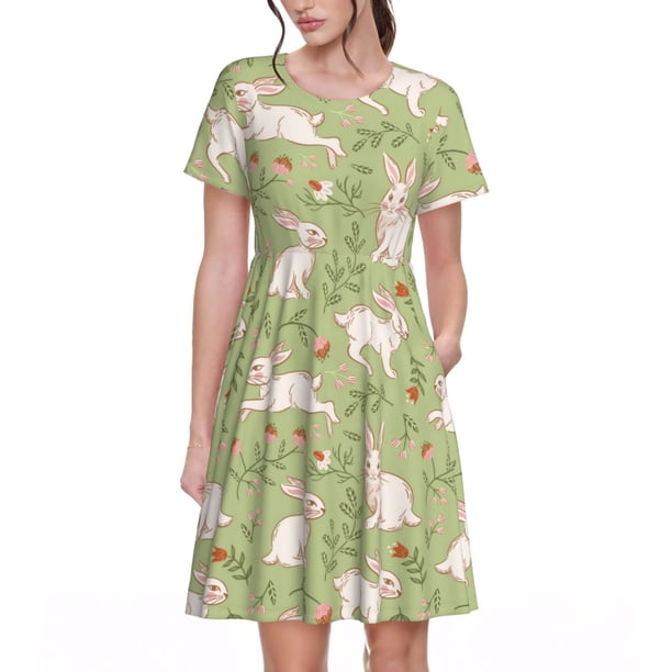Disketp Cute Rabbit And Flower para Vestido de Manga Corta para Mujeres, Vestidos de Verano para Mujeres, Casual y Holgado para la Playa