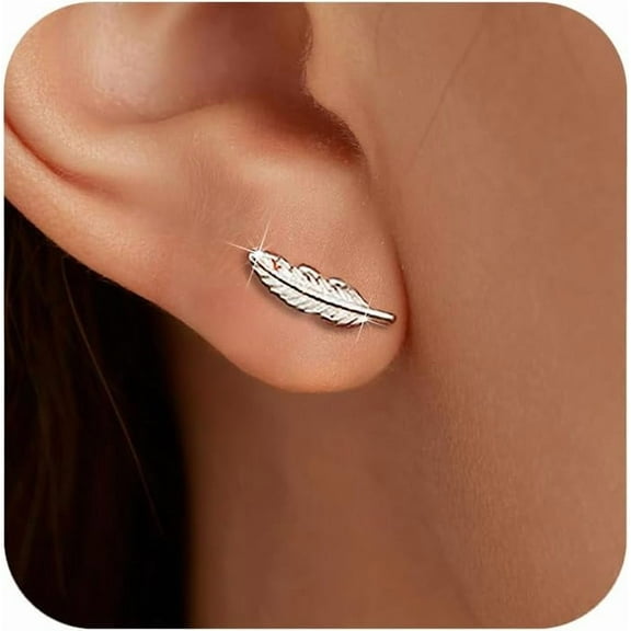 925 Sterling Silver Post Feather Cartilage Studs Earrings for Women Cute Tiny Animal Feather Flat Back Piercing Earrings Small Ear Crawler Earring Jewelry Birthday Gifts to Daughter