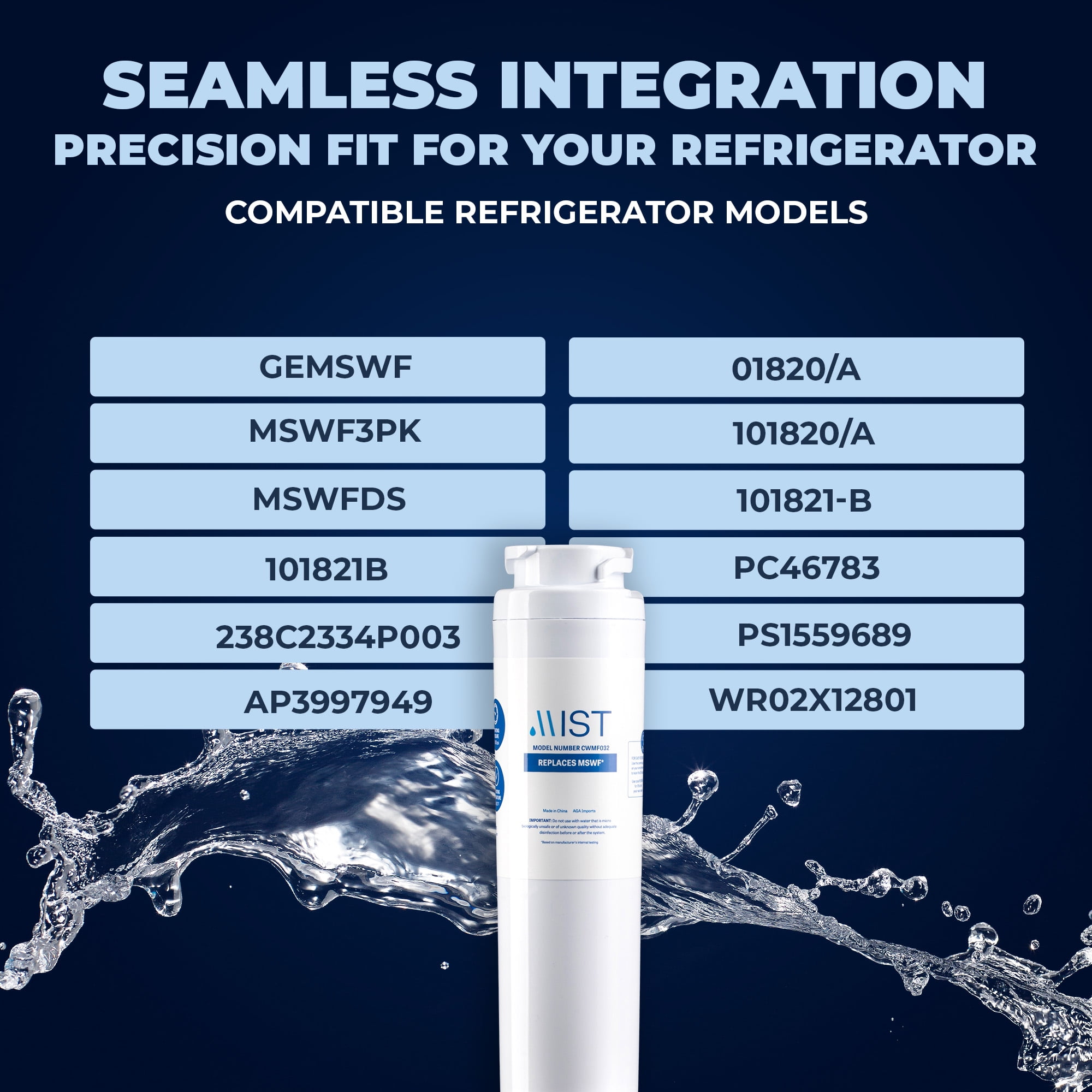 Mist MSWF Refrigerator Water Filter Replacement Cartridge for GE, Refrigerator Water Filter compatible with 101820A, 101821B, 101821. GE MSWF, 3-pack