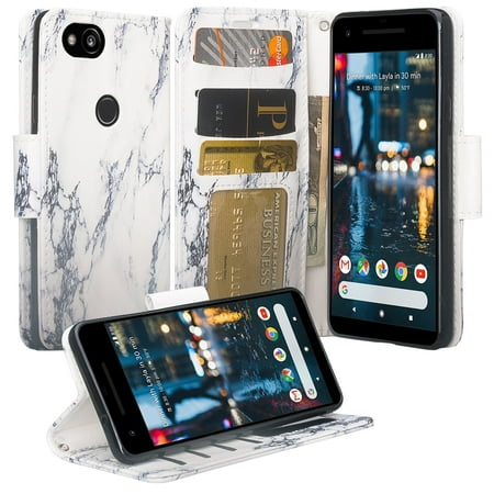 Google Pixel 2 Case, Slim Flip [Kickstand] Wrist Strap Pu Leather Magetic Fold Wallet Cover w/ Slots - White