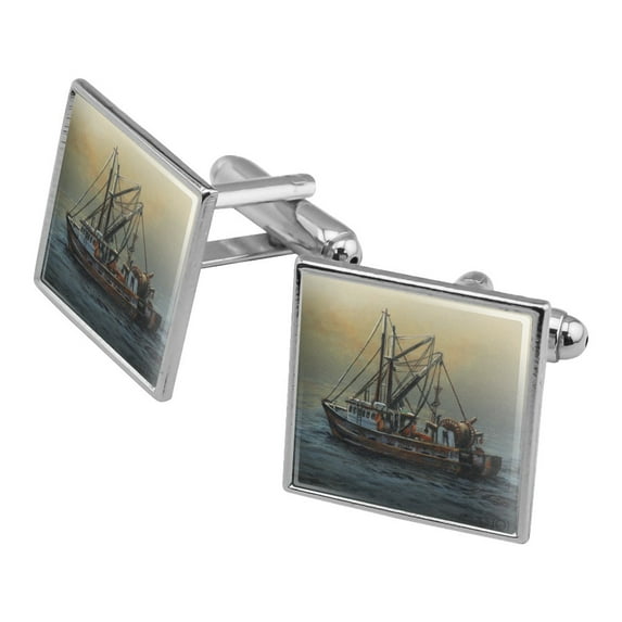 Fishing Boat Ocean Mist Square Cufflink Set - Silver or Gold