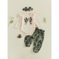 thumbnail image 6 of RUINIXCW Baby Girl Fall Outfits Bow Print Long Sleeve Romper Camouflage Pants and Bow Headband 3 Piece Set, 6 of 7