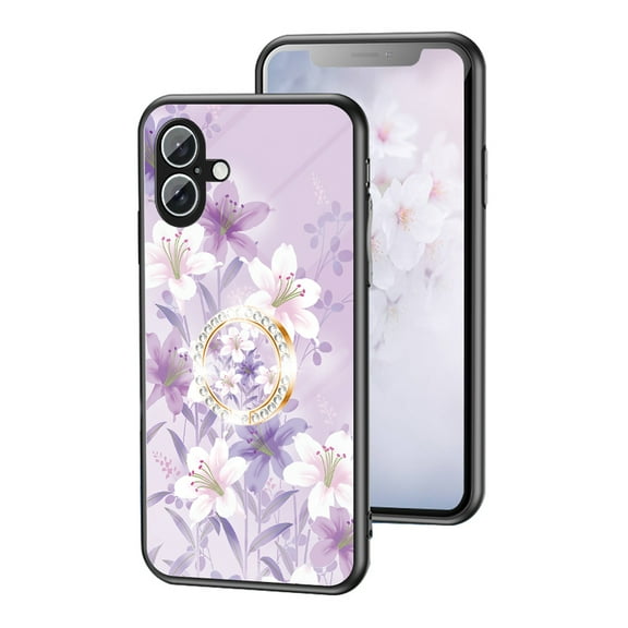 for iPhone 16 Case with Tempered Glass Back for Women Girls, Cute Floral Patterned Design with 360° Fring Ring Grip Kickstand Holder Shock Proof Heavy-Duty Protection Cover,Purple