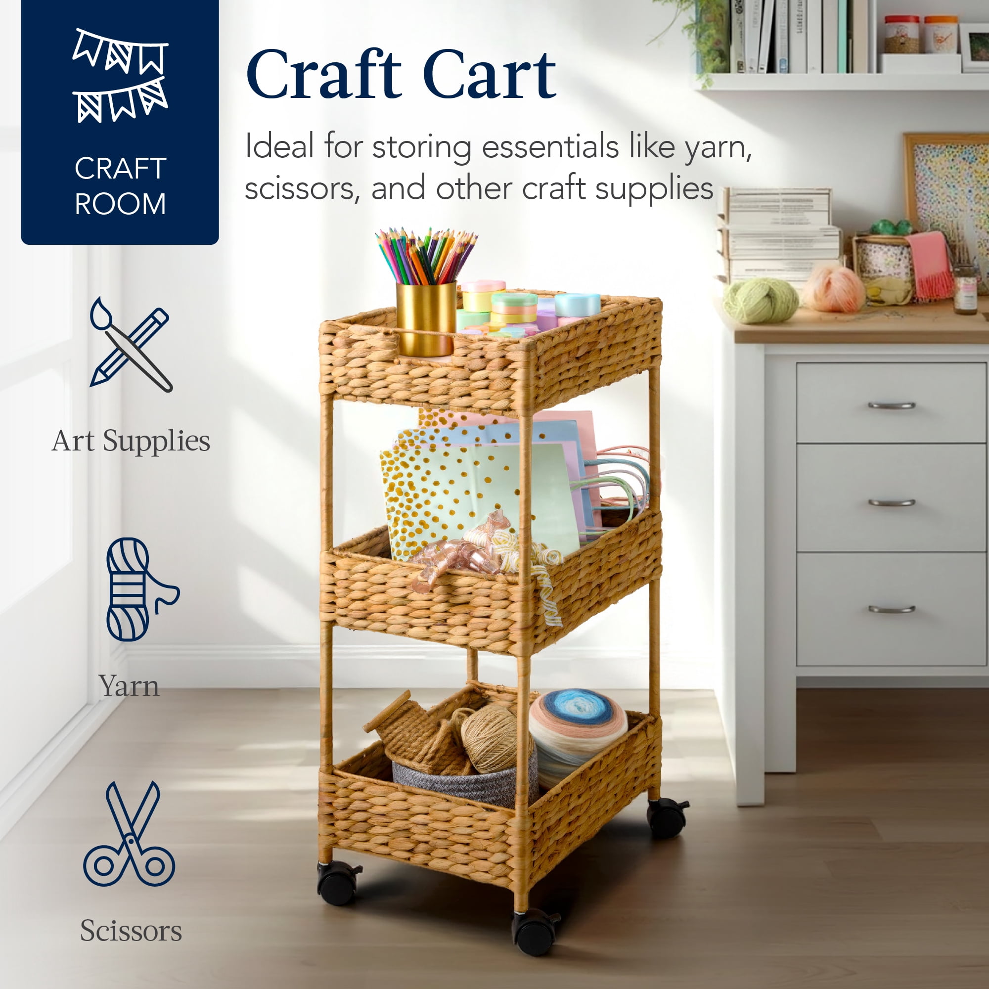 Best Choice Products 3-Tier Water Hyacinth Rolling Nursery Caddy w/ Wheels, Utility Cart, Storage Organization - Natural