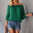 thumbnail image 5 of Women Off Shoulder Top 3/4 Bell Sleeves Loose Fit Elastic Neckline Lining Inside Summer Blouse Blackish Green S, 5 of 8