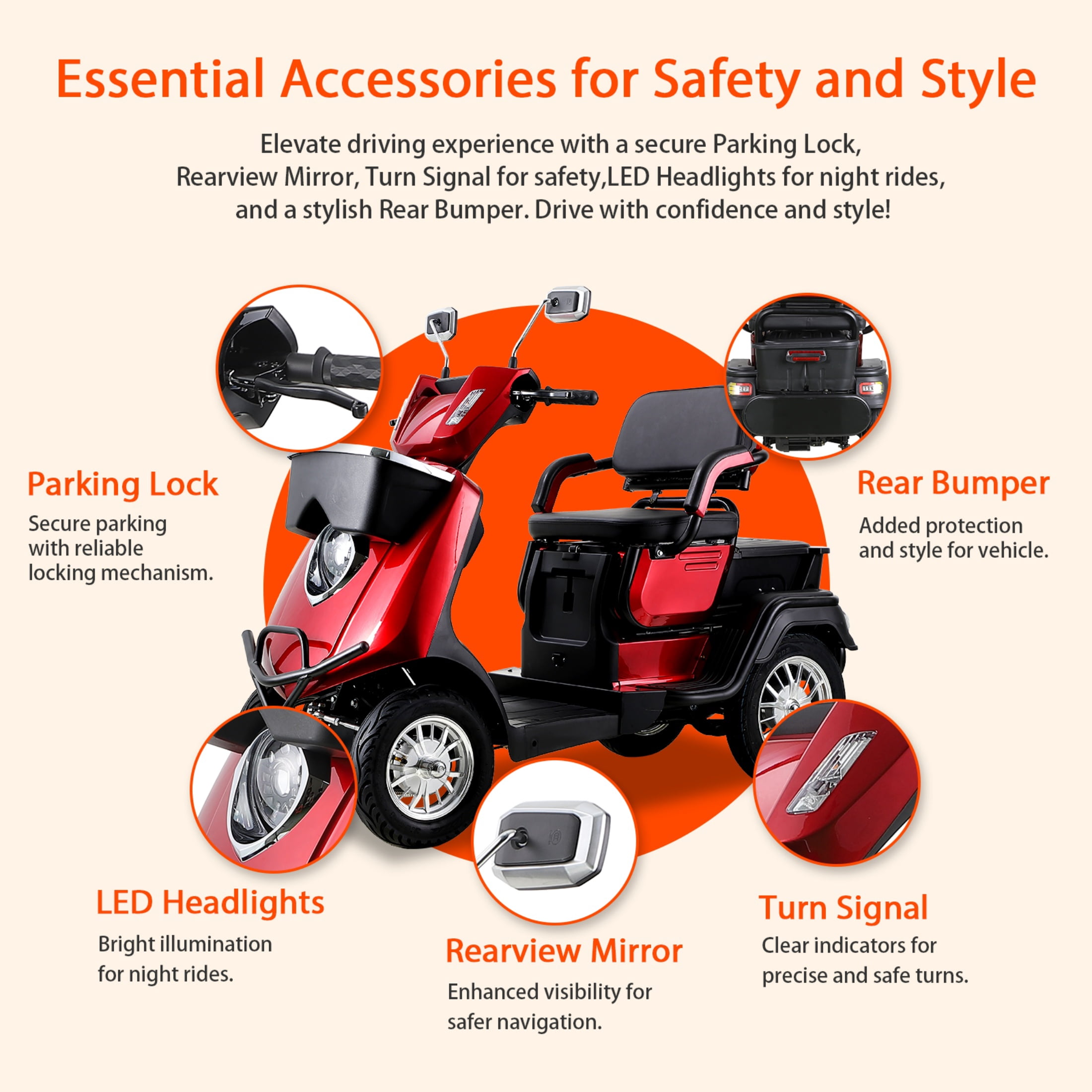 QEEKA 4-Wheel Mobility Scooter, 2-Seater Electric Scooter with Adjustable Seat, 500 lb Capacity, Red