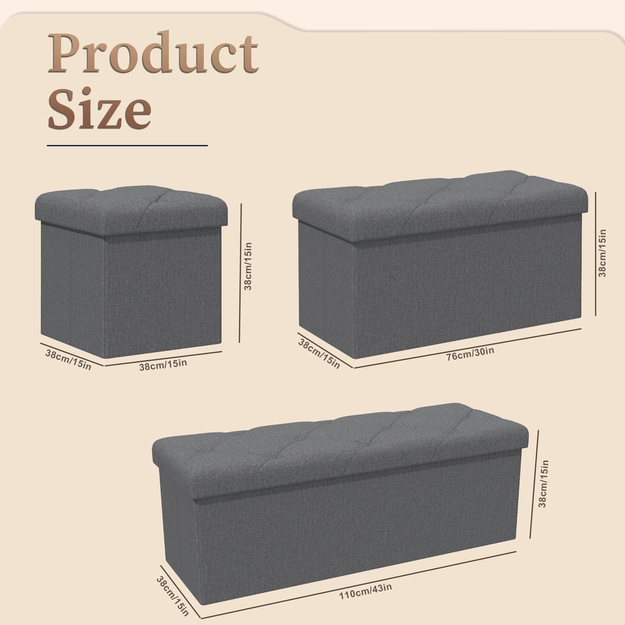 43" 3PCS Storage Ottoman Bench, Folding Storage Bench Ottoman with Lid, 660 lbs Heavy Duty Fabric Seat for Bedroom Living Room Entryway, Grey