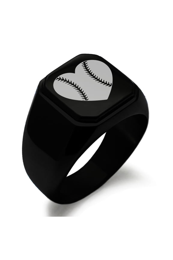 Stainless Steel Love Baseball Heart Engraved Square Flat Top Biker Style Polished Ring