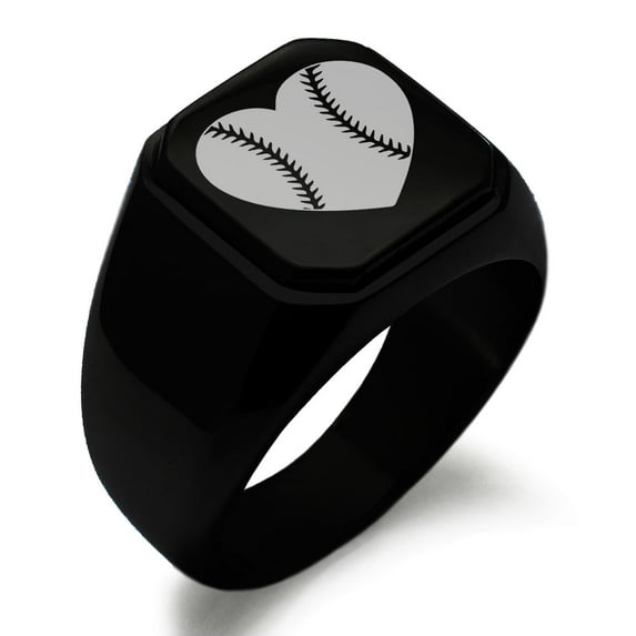 Stainless Steel Love Baseball Heart Engraved Square Flat Top Biker Style Polished Ring