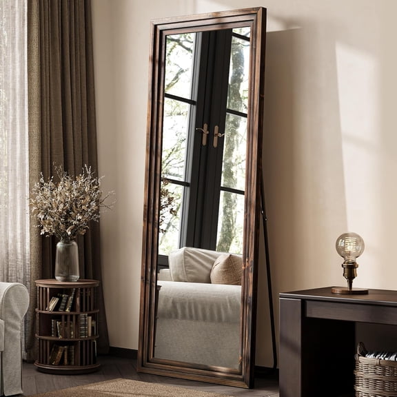 Full Length Mirror, 63"x21" Rustic Farmhouse Floor Mirror with Stand, Rectangular Solid Wood Frame in Walnut Finish, Full Body Mirror for Bedroom, Hallway & Living Room