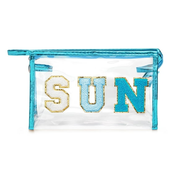 Belanttega Preppy Patch SUN Varsity Letter Cosmetic Toiletry Bag Transparent PVC Zipper Makeup Bag Daily Use Clutch Purse Portable Waterproof Travel Organizer Compliant Bag for Women Girls (Blue)