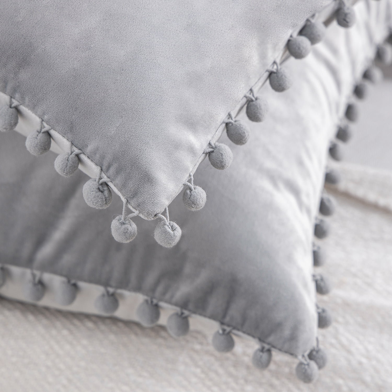 Phantoscope Velvet Series Pom Pom Rectangle Decorative Throw Pillow, 12" x 20", Gray, 1 Pack