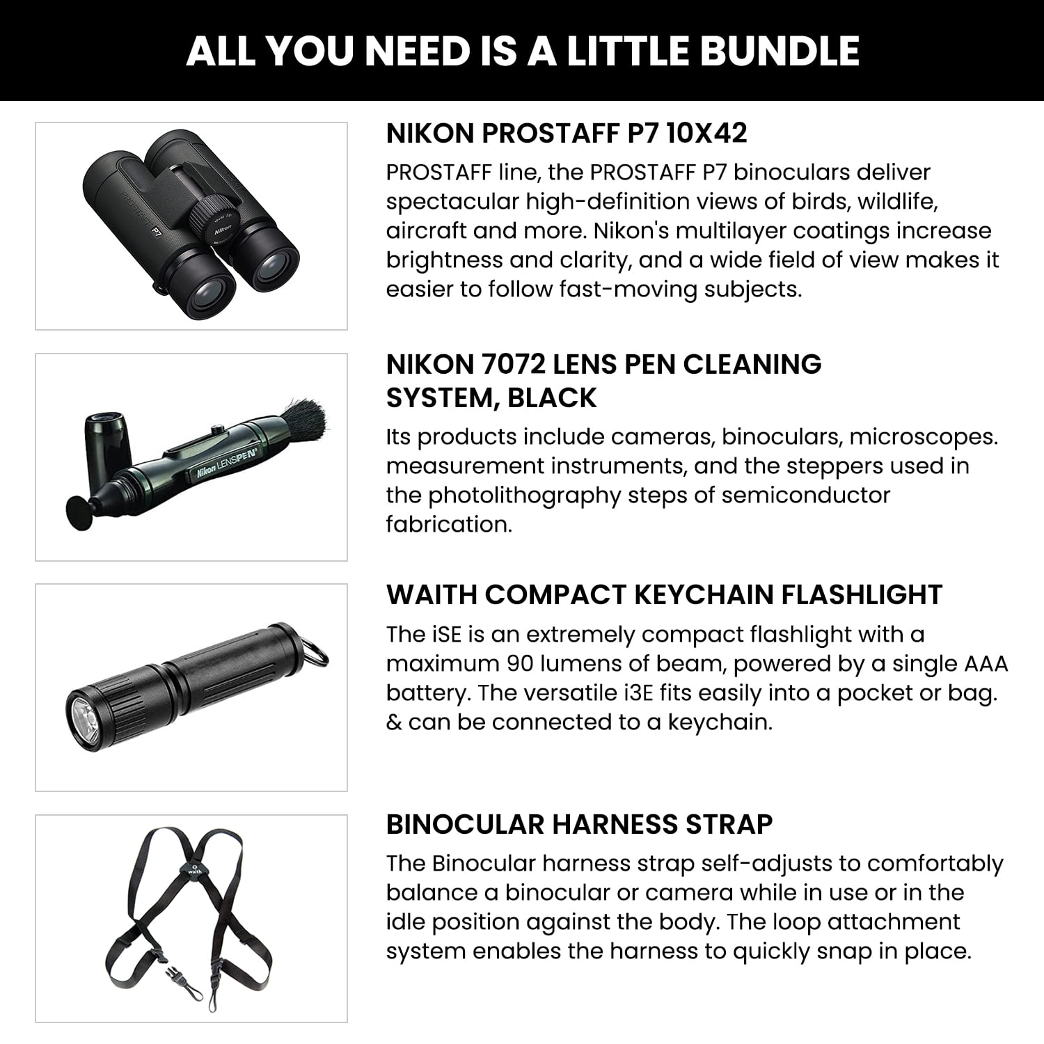 Nikon PROSTAFF P7 10x42 Binoculars With Lens Pen, Waith Harness, & Flashlight Kit