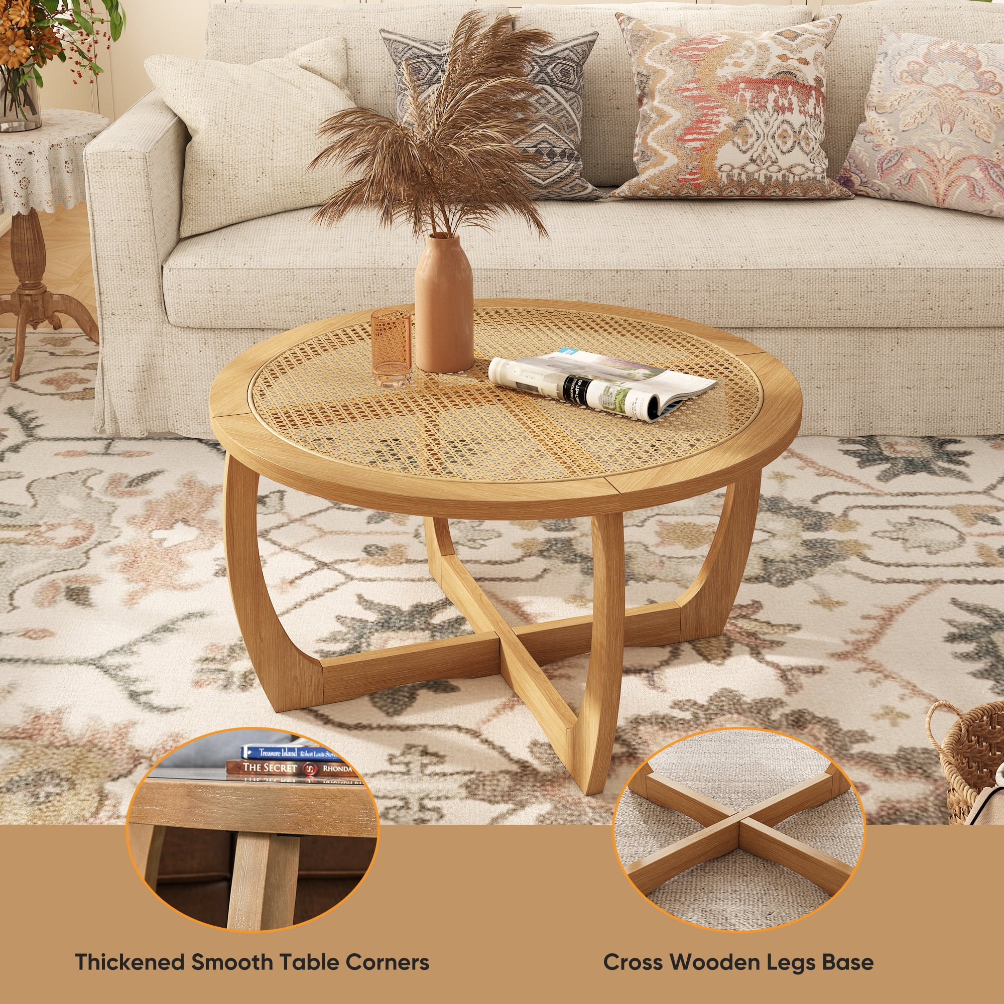 Round Wood Coffee Table with Handmade Rattan Top, Solid Circle Wooden Center Table with Curved Legs, Farmhouse Cocktail Table for Living Room, Light Brown 32.28" x 18"