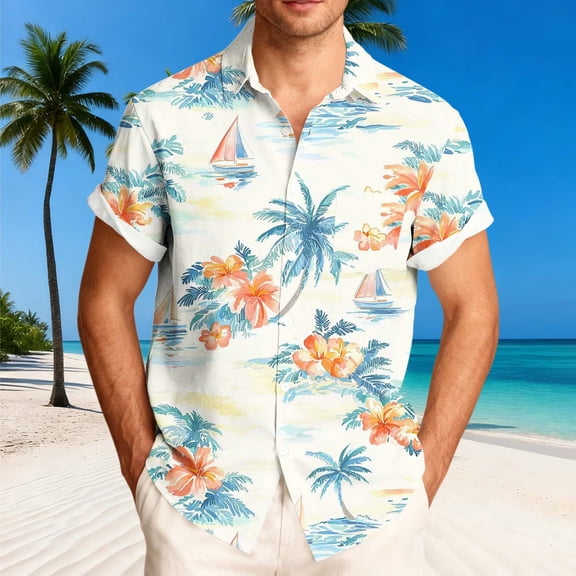 COSFO Beach Button Up Shirt Men Short Sleeve Hawaiian Tops Tropical Collared Loose Fit with Pocket Men Shirts