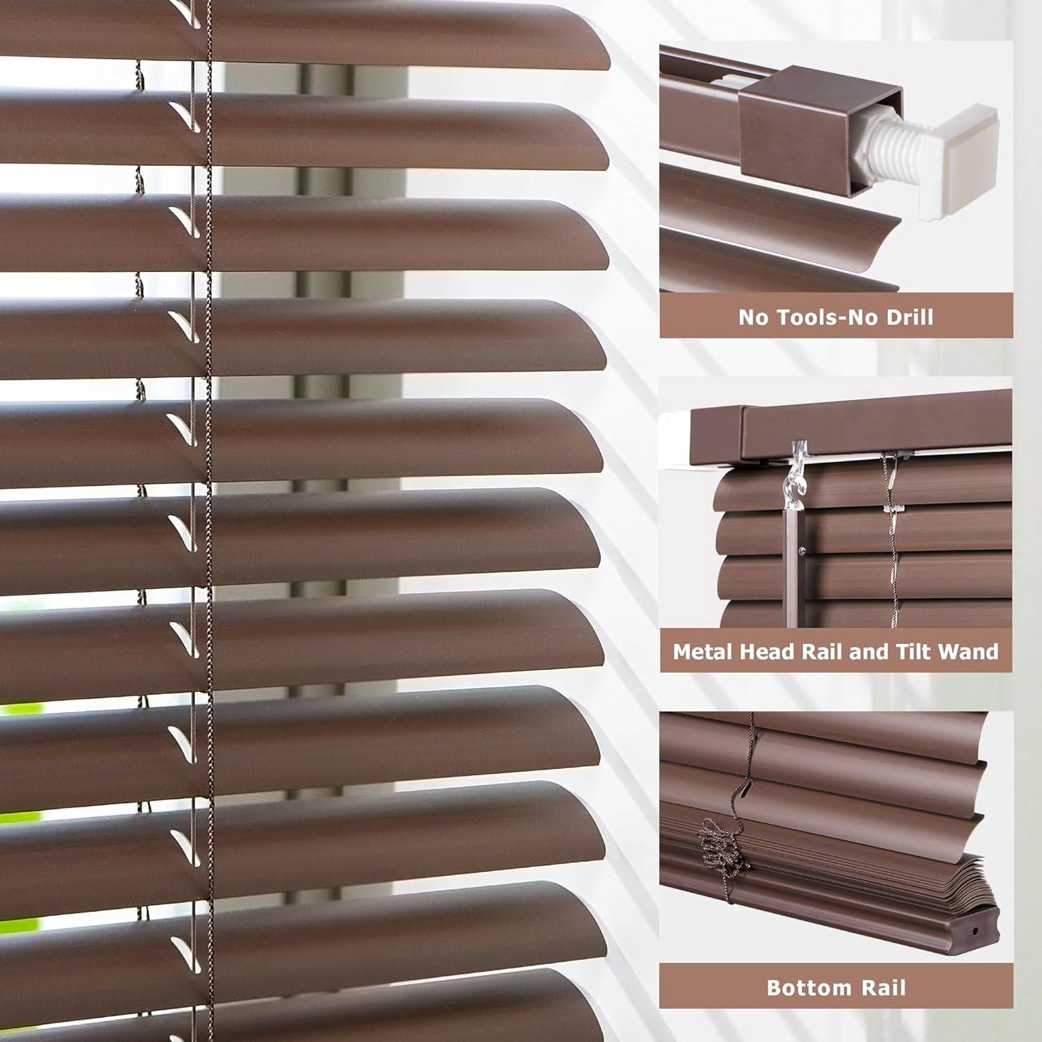 LazBlinds Cordless No Tools-No Drill 1" Vinyl Horizontal Mini Blinds, Light Filtering Blinds for Windows, Blinds & Shades for Window, 25" W x 48" H, Mahogany