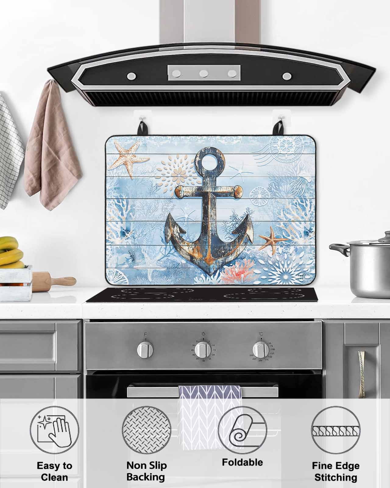 nqOlkjepod Large Induction Cooktop Protector Mat 24"x21", Nautical Anchor Stove Top Covers for Electric Stove, Blue Coastal Starfish Coral Wooden Grain Stove Burner Cover Mats, Glass Top Stove Cover