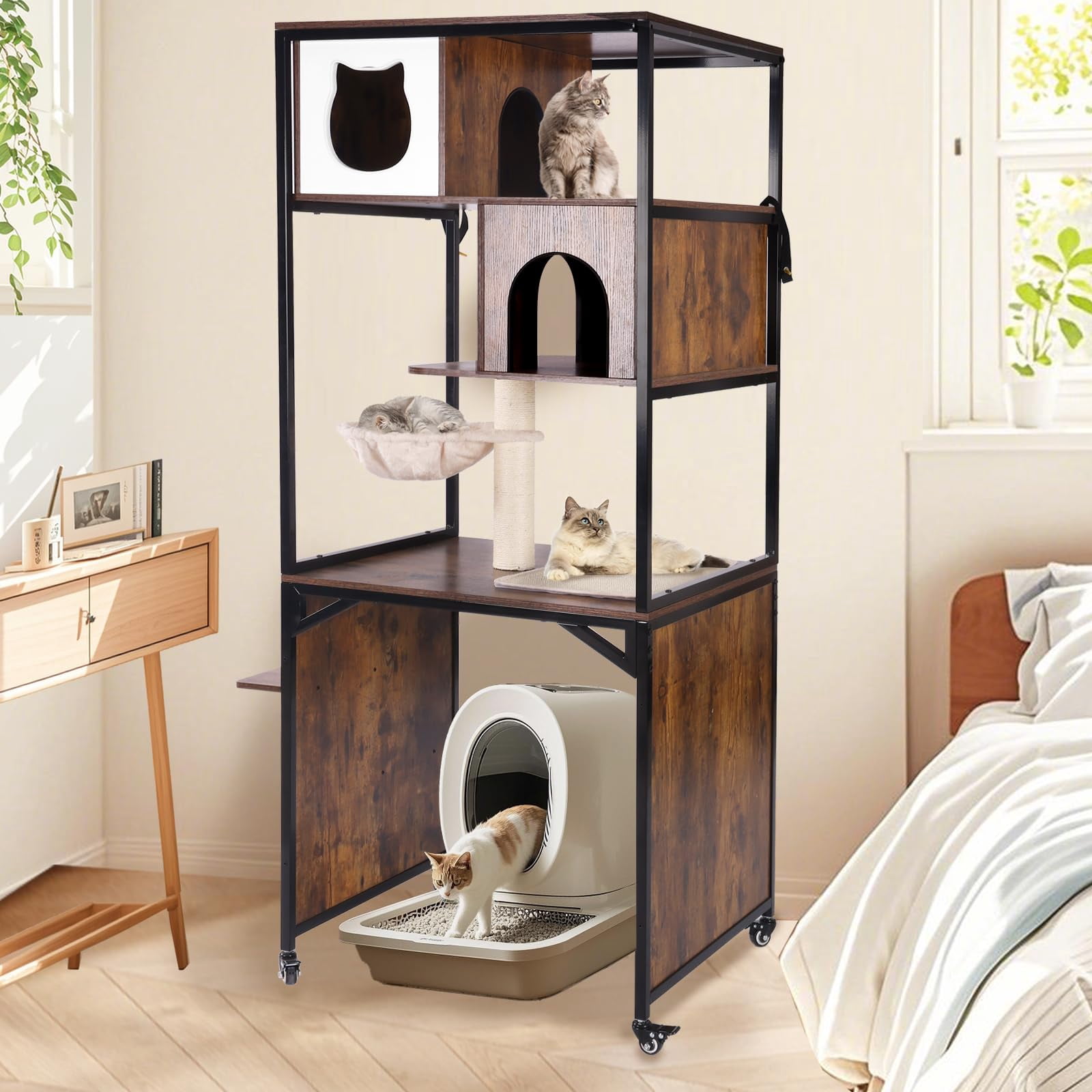 Aivituvin Cat Tree, 68-Inch Cat Tower for Indoor Cats, Wood Cat Condo Furniture with Litter Box Enclosure, 2-in-1 Modern Cat Tower