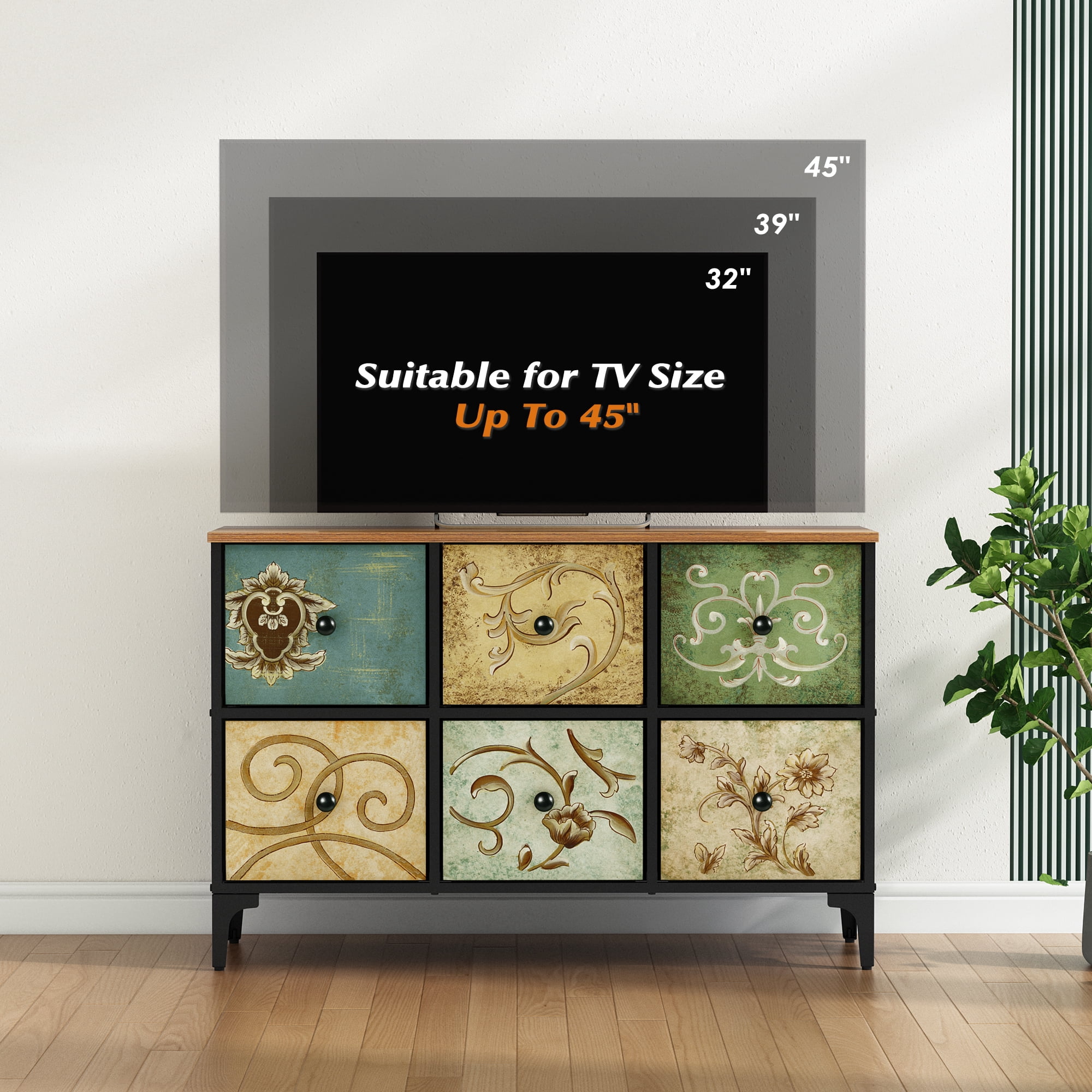 Dresser TV Stand for Bedroom, Wide Dresser with 6 Drawers, Console Table Chest of Drawers Fabric Dressers for Kids, Living Room, Closet, Entryway,Sturdy Steel Frame and Wooden Top