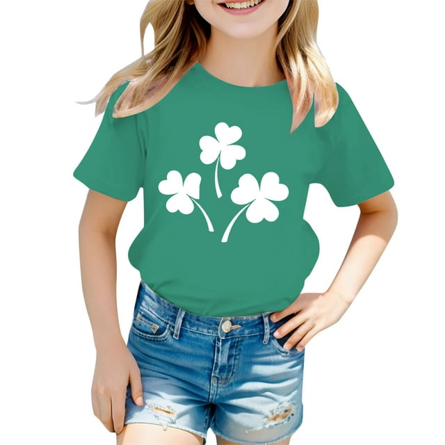 Girls Tops St Pat Print Round Neck Short Sleeve Tees for Girls Casual Wear