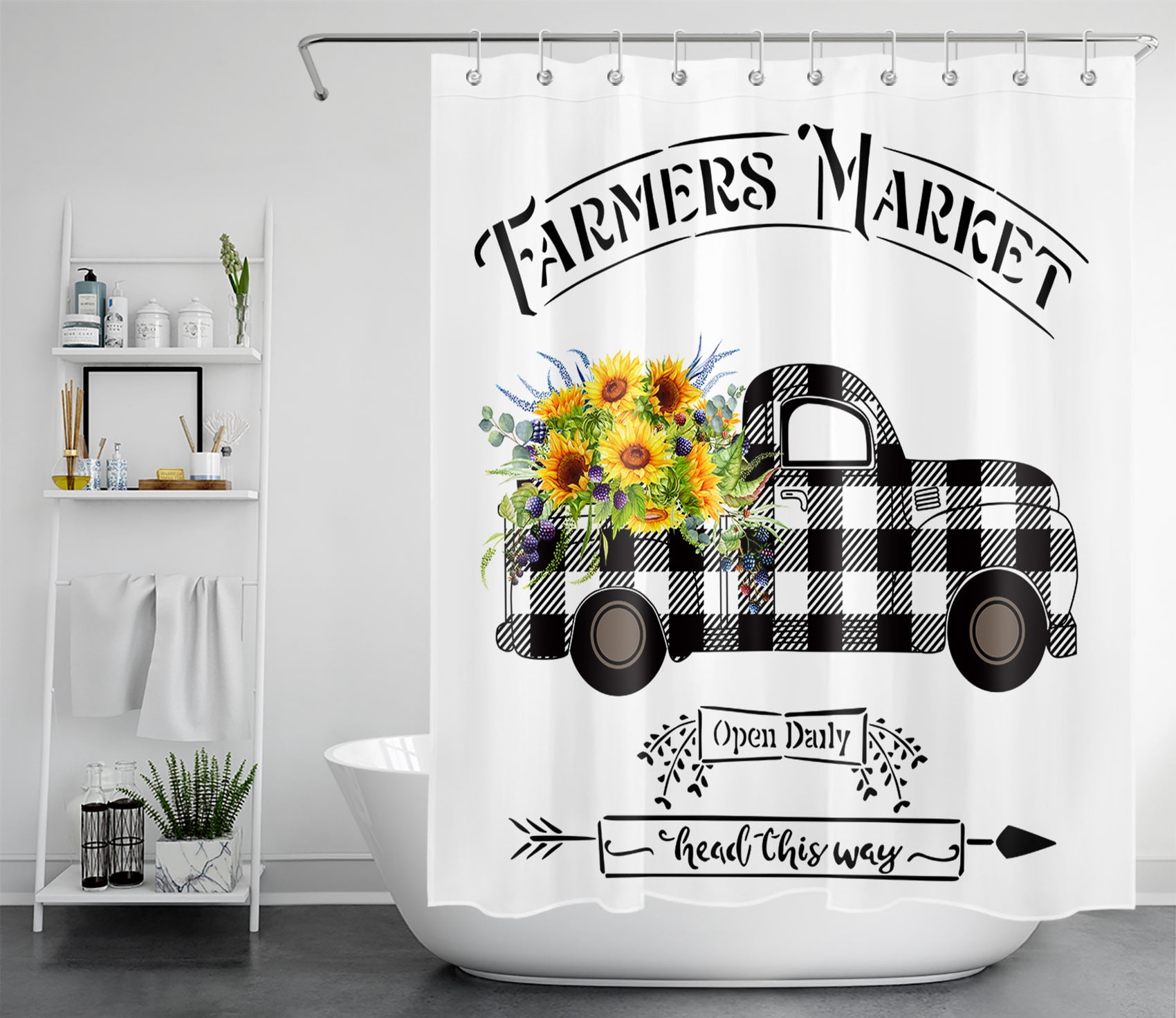 HVEST Farmhouse Shower Curtain Black and White Plaid Truck Pulling ...