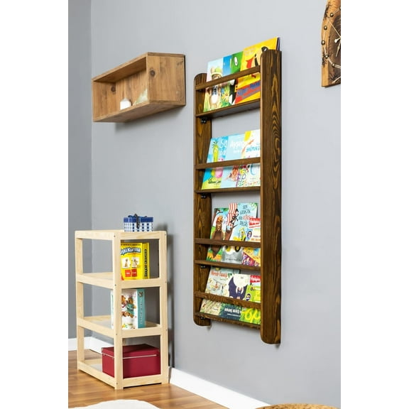 Handmade Solidwood Wall Mounted Montessori Kids Bookshelf, 4 Tier Book Display for Children Bedroom, Nursery Furniture Bookcase, Wood Pine Tree Book Organiser for Living Room (Walnut)