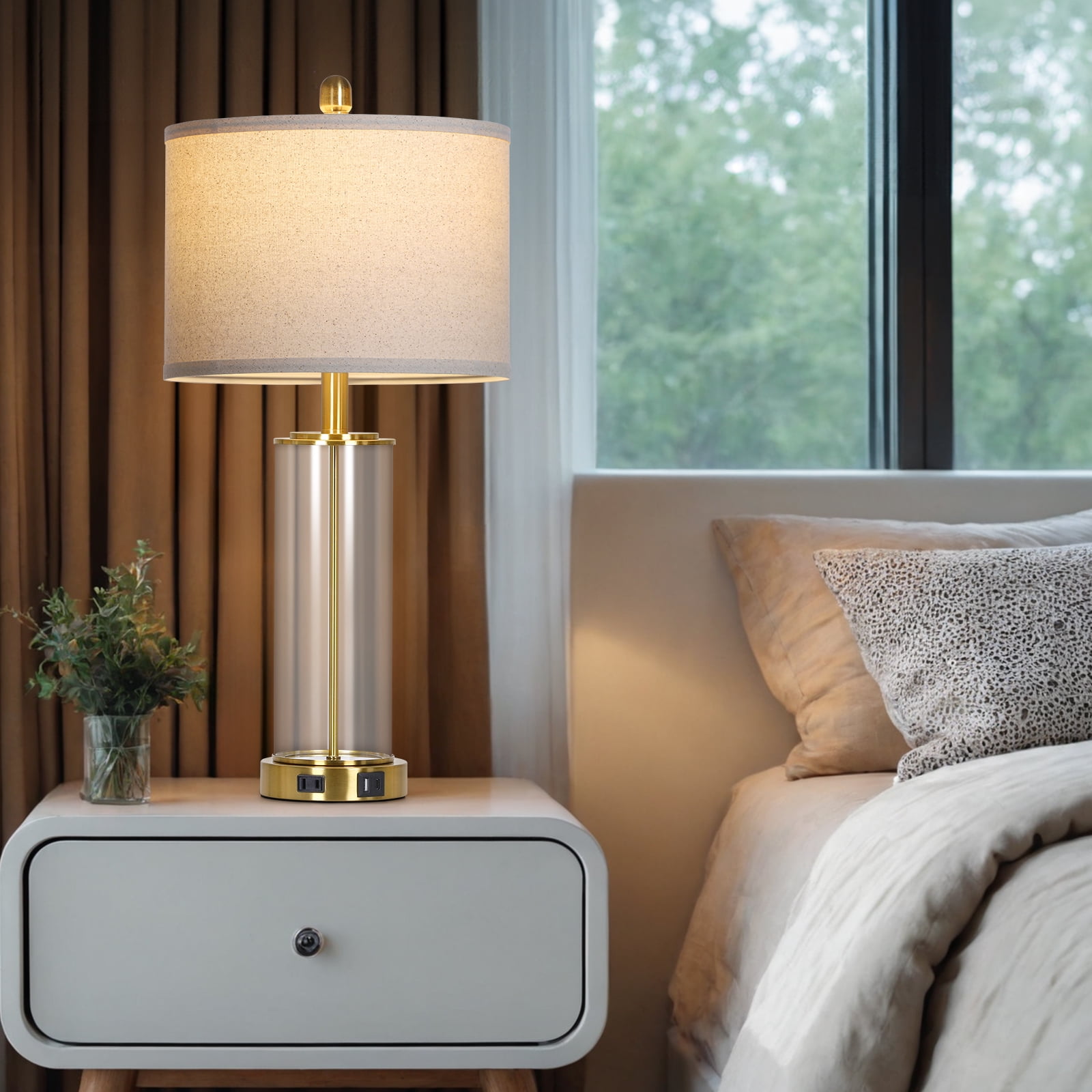 Cinkeda Industrial Gold Table Lamps Set of 2 for Living Room Bedroom 26" Tall Modern Clear Glass 3 Way Dimmable Touch Control Bedside Nightstand Lamp with USB C+A Ports AC Outlet