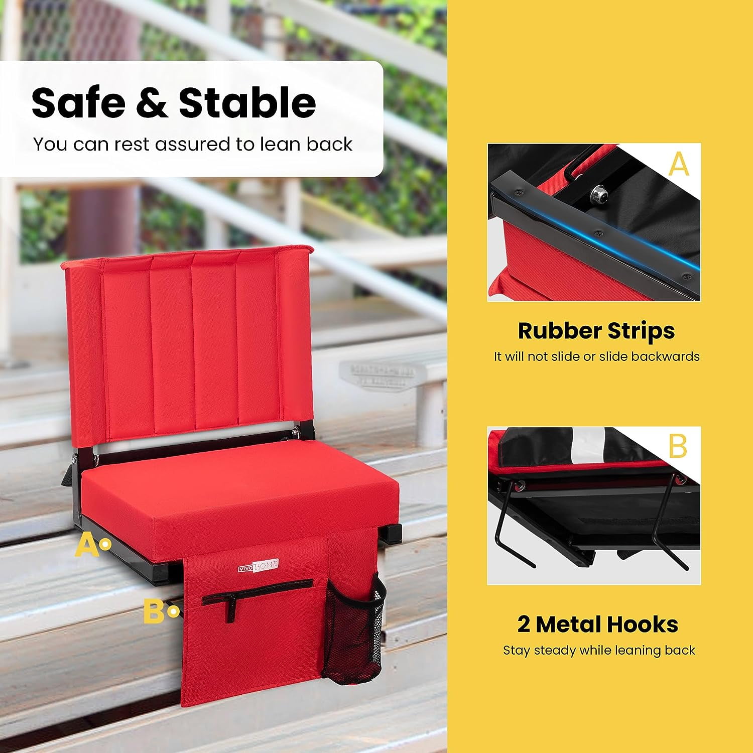Portable Stadium Seat for Bleachers with Back Support, Folding Bleacher Chair with Cup Holder and Shoulder Strap