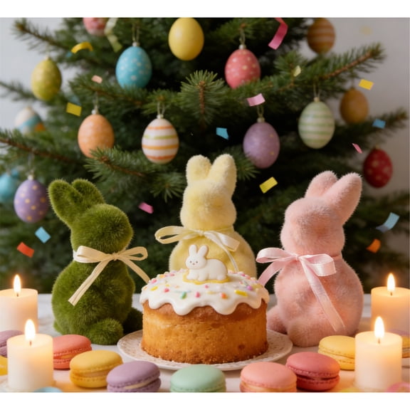 Lwzlh Mini Easter Fluffy Bunny Decor, Easter Spring Decor, Spring Table Centerpiece, Indoor Centerpiece, Tabletop Home Kitchen Shelf Decor, Fluffy Bunny, Family Party Decor,Green & Pink & Yellow,3PCS