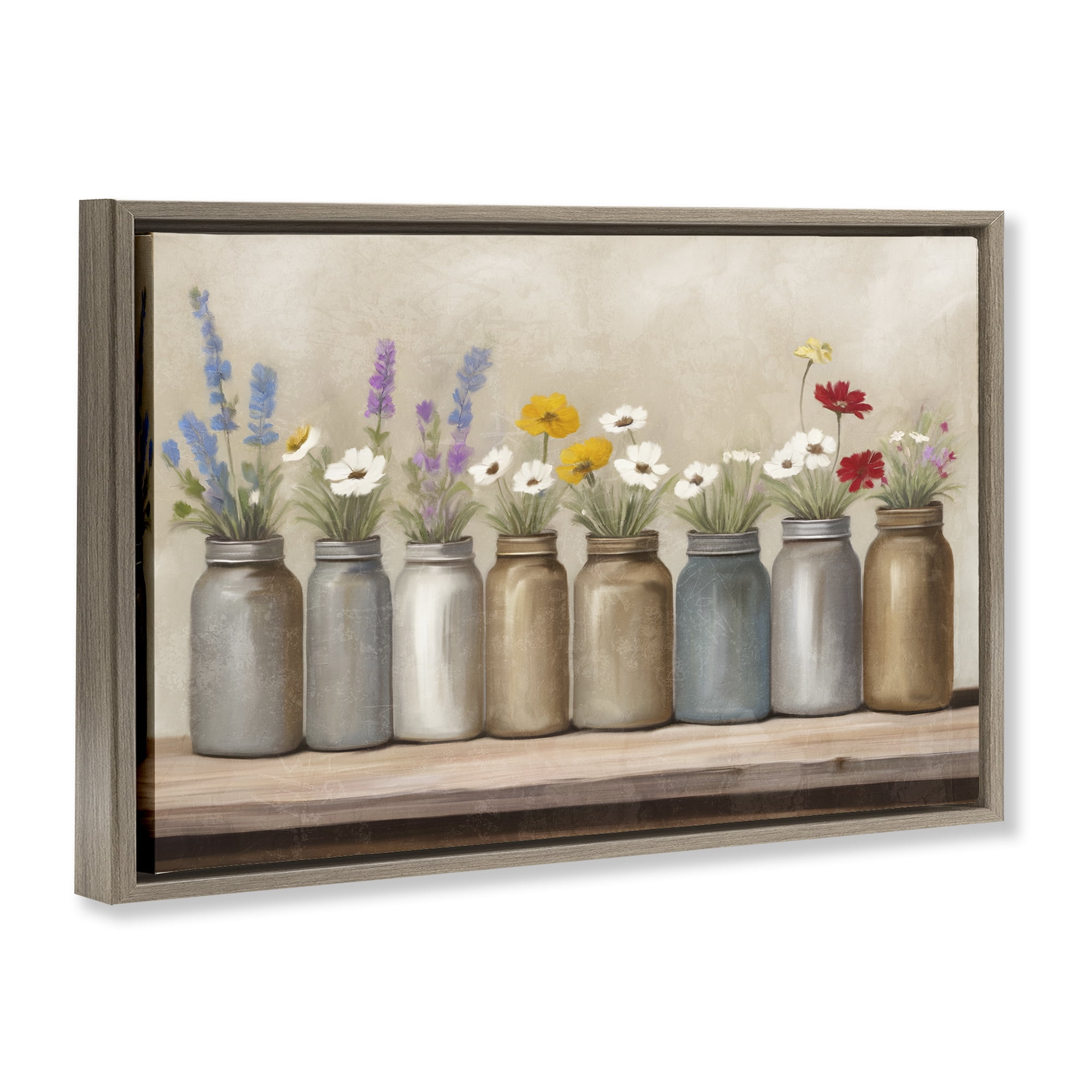 Stupell Industries Jars with Wildflowers Plants & Flowers Painting Brown Floater Framed Canvas Art Print Wall Art, 25 x 17