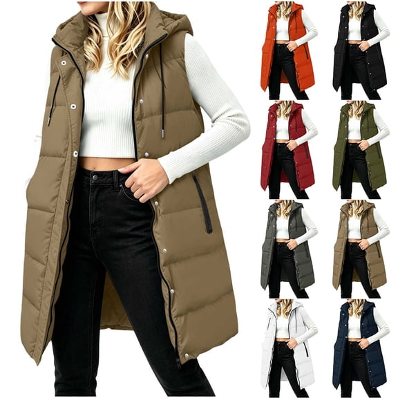Jovrlynd Puffer Vest Women Hooded Zipper Button Long Quilted Vest Winter Coats with Pockets, S-2XL