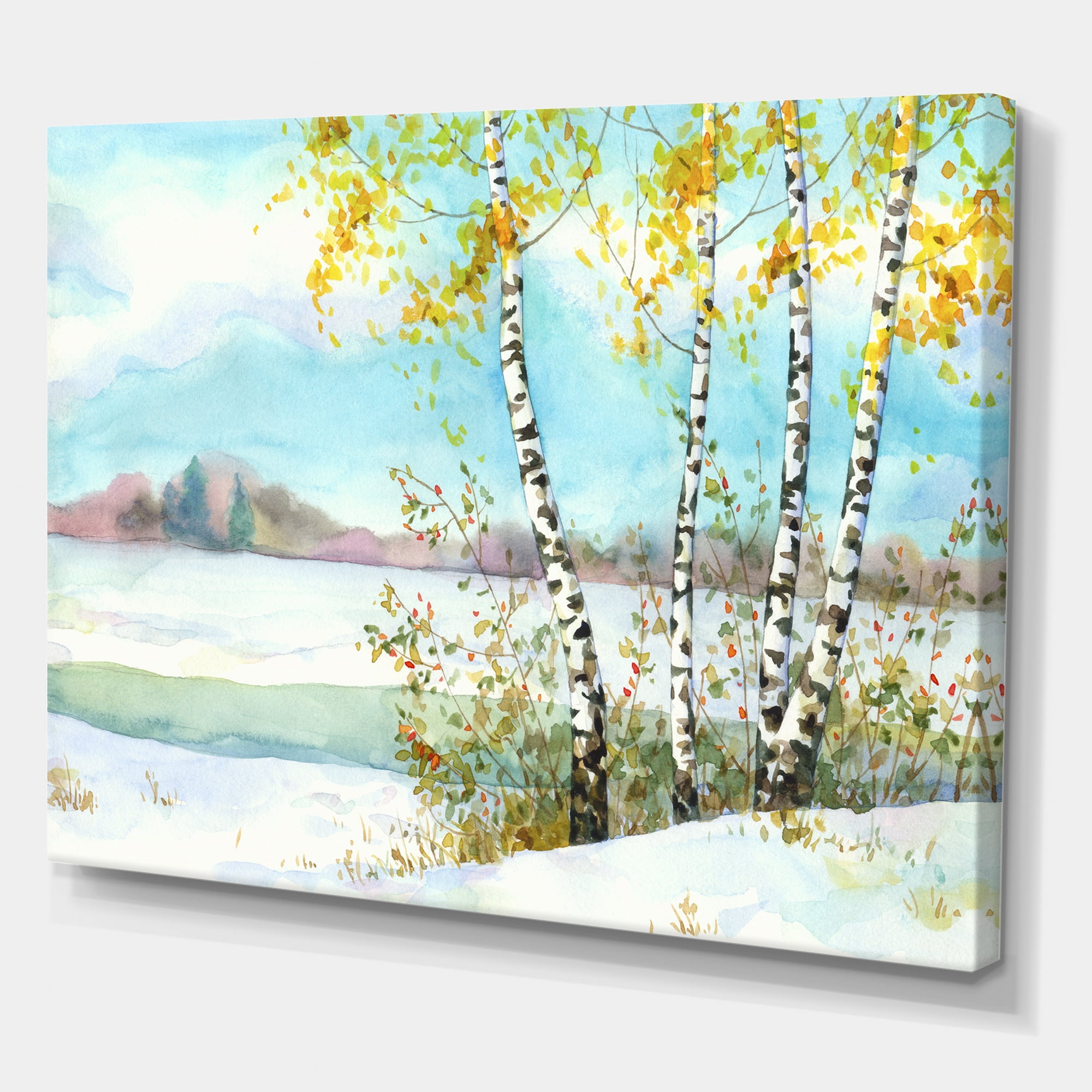 Designart ' Birches In Snowy Land ' Lake House Canvas Wall Art Print