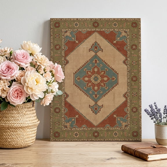 Rhombus Geometric Canvas Wall Art Framed Wall Decor for Living Room Bedroom Bathroom, Ethnic Art Boho Green Flower Pattern Retro Border Canvas Pictures Ready to Hang Decor, 20"x24"