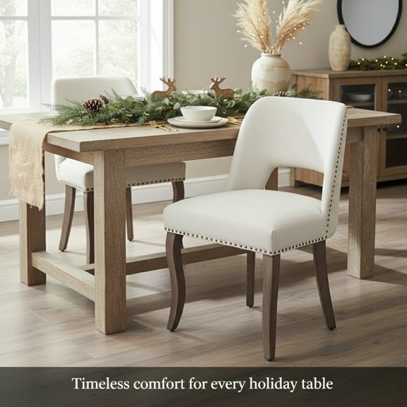 GOMYHOME Upholstered Dining Chairs Set of 2, Beige Linen Fabric with Nailhead Trim & Solid Wood Legs