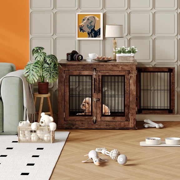 31in Heavy-Duty Dog Crate Furniture with Double Doors, Modern Dog Cage for Small Medium Dogs, Farmhouse Kennel Side End Table for Bedroom Living Room Indoor, Chew Resistant, Rustic Brown