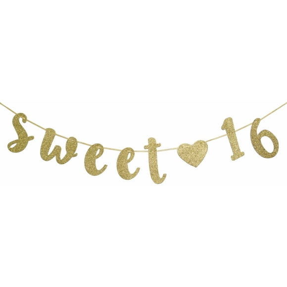 16th Birthday Banner Glitter Sixteen Decoration 16th Birthday Pre-Strung Party Decor Supplies Cursive Bunting Photo Booth Props Sign Gold