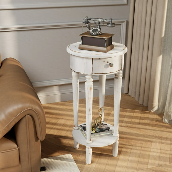 COSIEST Modern Industrial White Tall Telephone End Table for Living Room, Bedroom, Hall Way, Space Saving, White